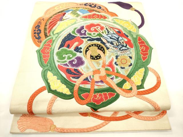 平和屋着物●アンティーク　大正ロマン　太鼓柄袋帯　総刺繍　駒刺繍　鏡裏龍鳳凰花文　金銀糸　正絹　逸品　CAAW1640ak