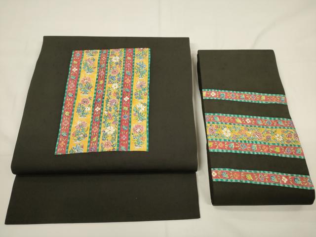 平和屋着物●塩瀬　つけ帯　更紗草花間道　黒地　金彩　正絹　逸品　CAAW1690ak