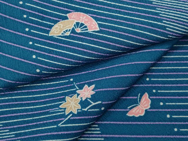 平和屋着物▽小紋　単衣　立涌扇面花蝶文　洗える着物　CAAW2806ut