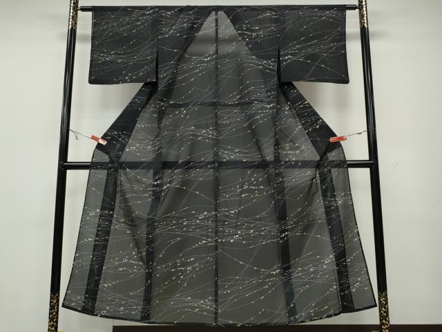 平和屋着物＊夏物　小紋　絽　枝葉文　黒地　洗える着物　CAAW3135ut_1