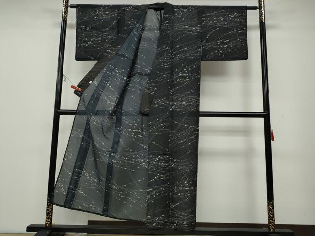 平和屋着物＊夏物　小紋　絽　枝葉文　黒地　洗える着物　CAAW3135ut_2