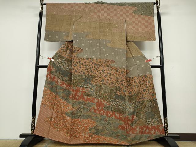 平和屋着物○訪問着 手描き 型染め 更紗花文 正絹 逸品 AAAT0658zg