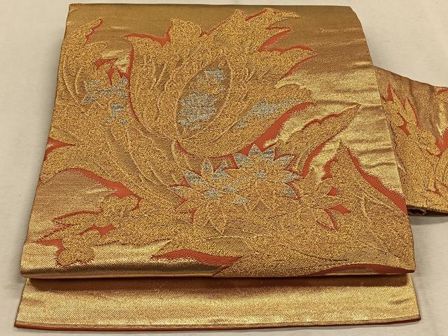 平和屋着物 九寸名古屋帯 麻の葉更紗花文 金銀糸 正絹 逸品 AAAL1298ou(