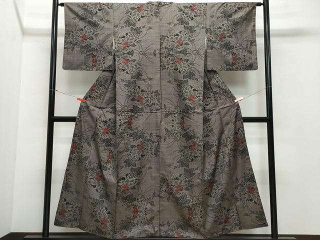 平和屋着物○本場大島紬 7マルキ 扇面草花文 正絹 逸品 CAAW3649vf