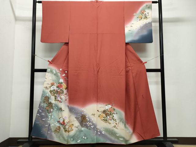 平和屋着物●英王室献上友禅作家　木下勝功　訪問着　刺繍　御所車鼓花文　金彩　正絹　逸品　CAAW3688vf