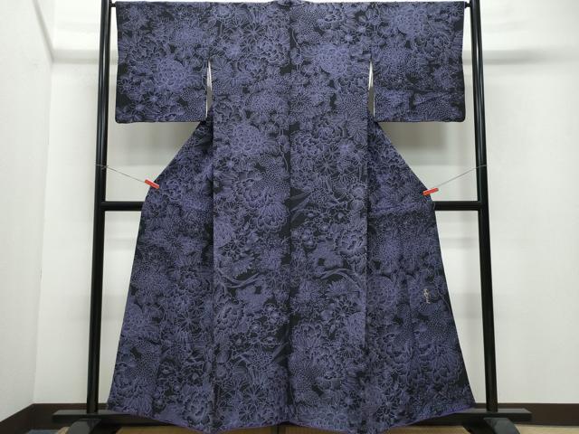 平和屋着物○上質な小紋 水野正夫 草花文 黒地 正絹 逸品 CAAW3750vf