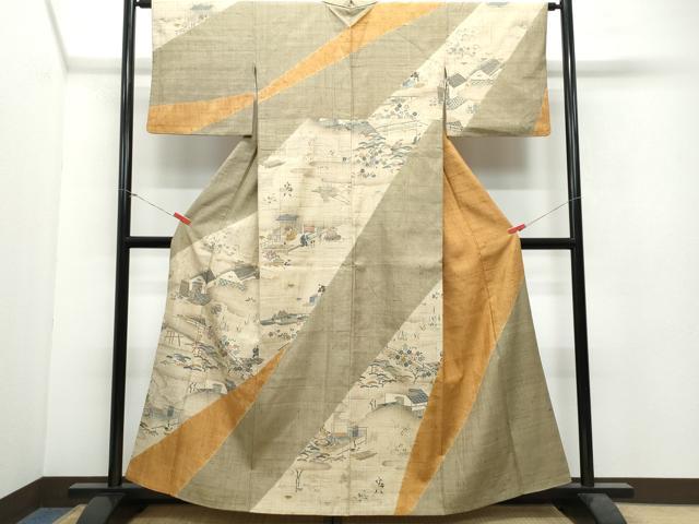 平和屋着物●染織の名門　しょうざん　生紬　訪問着　風景人物草花文　金彩　正絹　逸品　CAAW3787vf