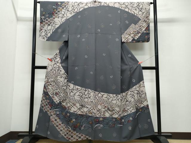 平和屋着物●訪問着　型染め　草花文　正絹　逸品　CAAW3828vf