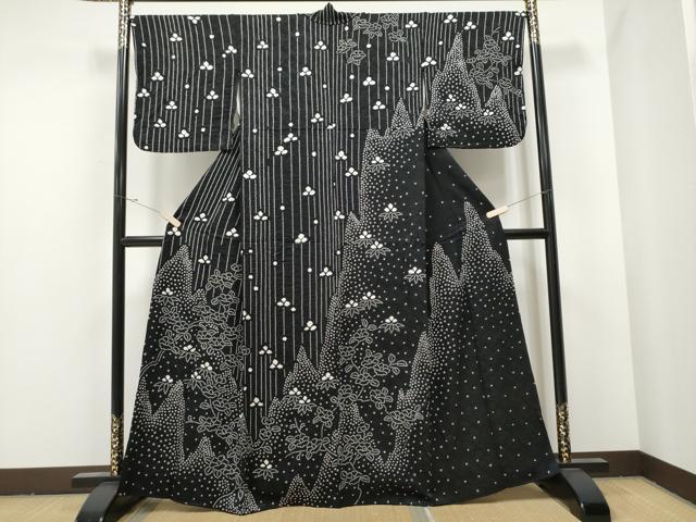 平和屋着物●訪問着　絞り　草花文　黒地　正絹　逸品　CAAW4471hy