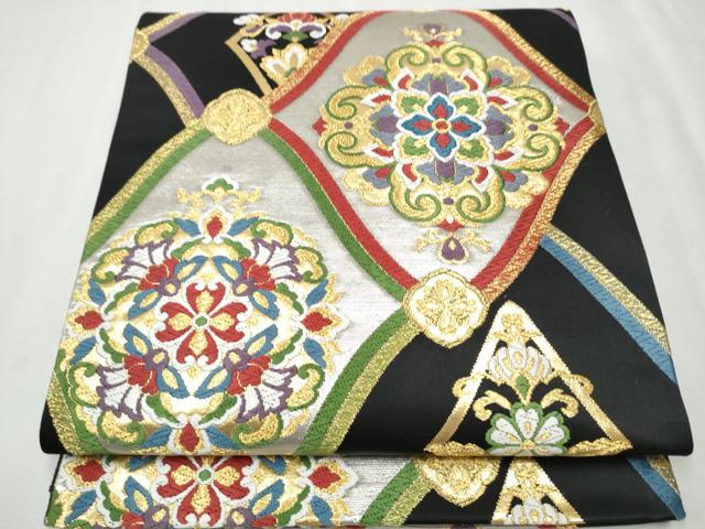 平和屋着物●六通柄袋帯　唐織　正倉院花唐草文　黒地　金銀糸　正絹　逸品　CAAW4535hy