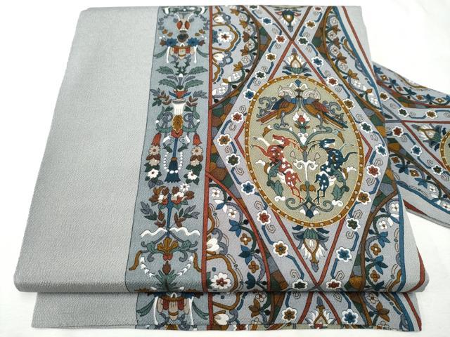 平和屋着物●全通柄　九寸名古屋帯　動物　更紗花鳥間道　鬼しぼ縮緬　正絹　逸品　CAAW4592hy