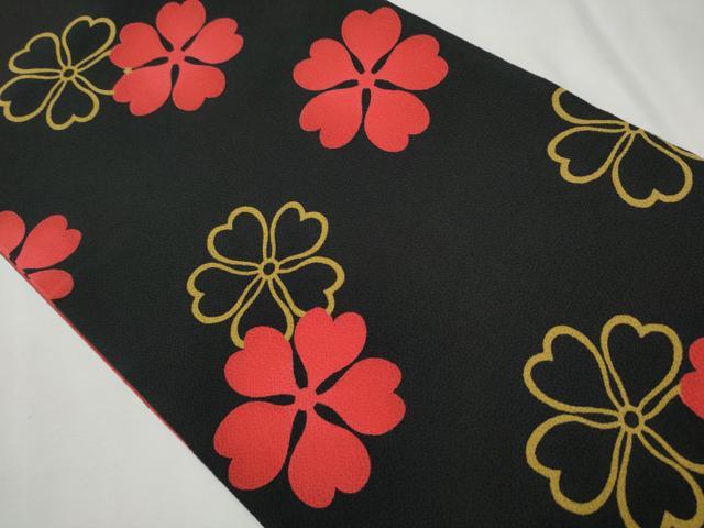 平和屋着物○全通柄袋帯 舞花文 黒地 鬼しぼ縮緬 正絹 逸品
