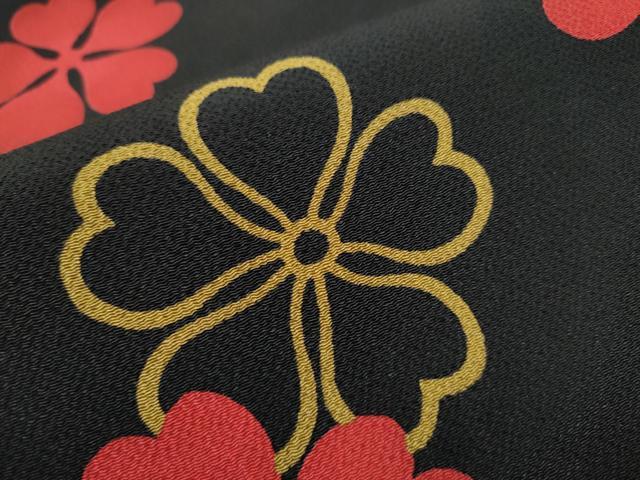 平和屋着物○全通柄袋帯 舞花文 黒地 鬼しぼ縮緬 正絹 逸品