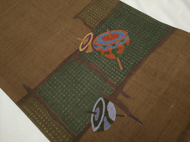 平和屋着物○中国三大刺繍 スワトウ相良刺繍 総刺繍 太鼓柄袋帯