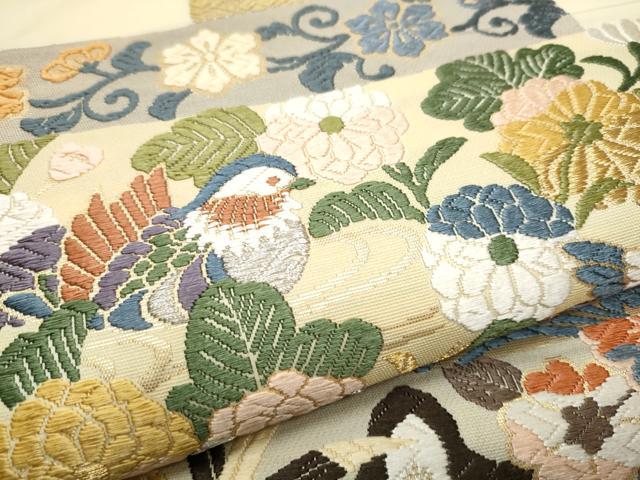 平和屋着物○六通柄袋帯 唐織 流水吉祥花文 黒地 正絹 逸品