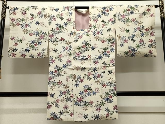 平和屋着物＃道行コート　紬地　型染め　草花文　ますいわ屋扱い　ロング丈　正絹　逸品　CAAW4924dy