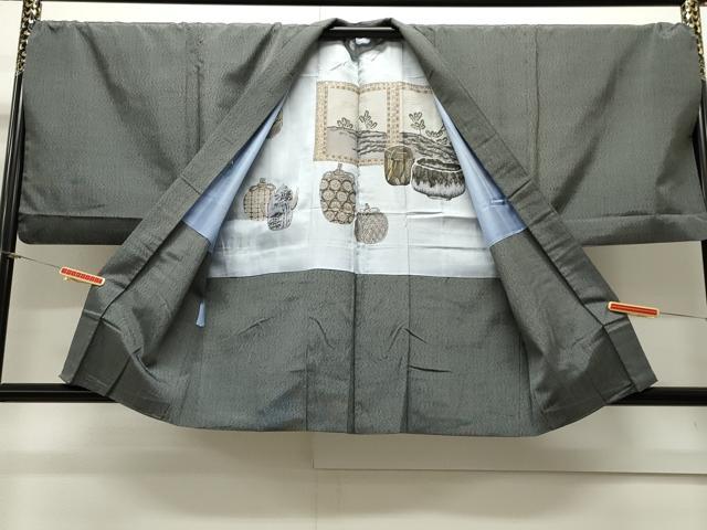 平和屋着物＃男性 羽織 紬地 霞文 黒地 正絹 逸品 CAAW4943dy