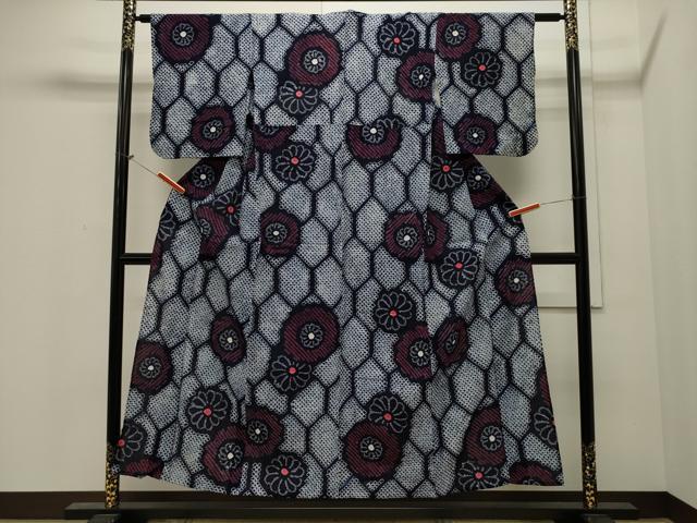 平和屋着物∴夏物　浴衣　有松鳴海絞り　亀甲花文　綿　逸品　CAAW5079dy