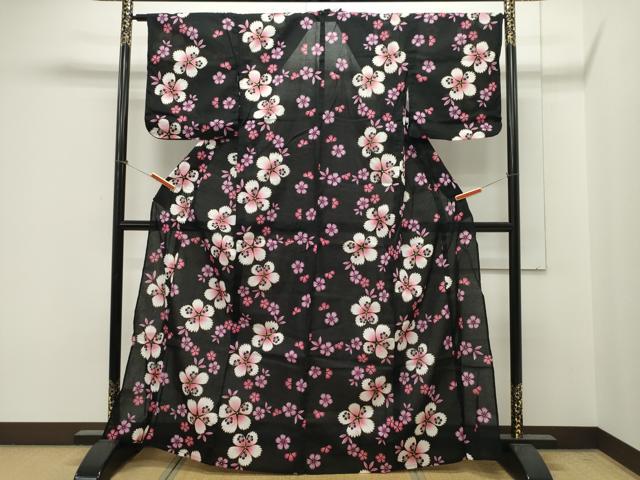 平和屋着物∴夏物　綿紅梅　浴衣　舞花文　黒地　金彩　綿　逸品　CAAW5147dy