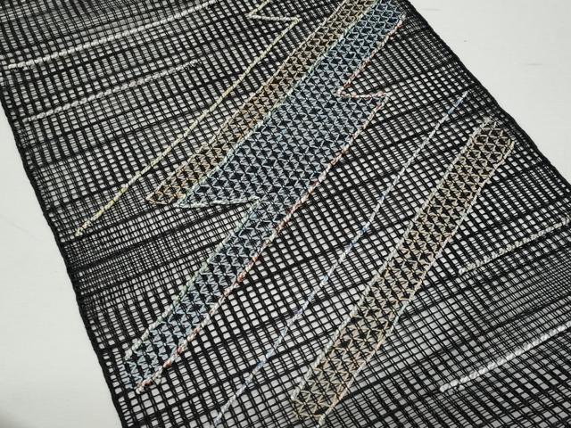 平和屋着物＊夏物 八寸名古屋帯 羅 幾何学文 黒地 銀糸 正絹