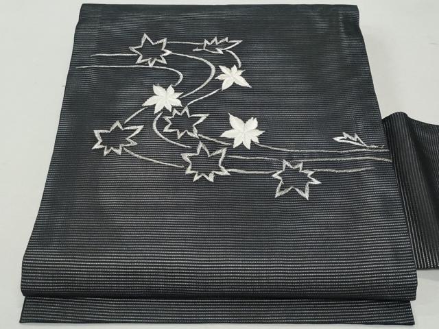 平和屋着物＊夏物　九寸名古屋帯　刺繍　竜田川　黒地　銀糸　正絹　逸品　CAAW5498fb