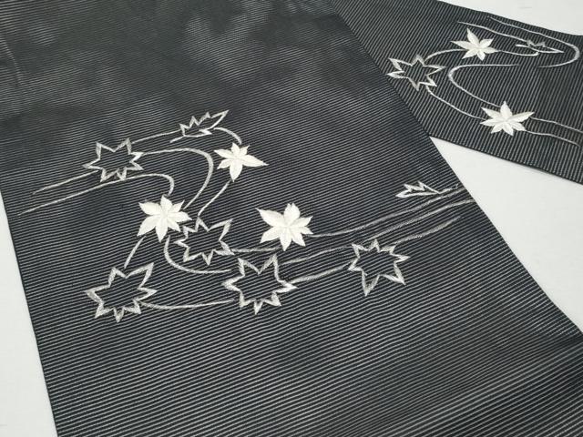 平和屋着物＊夏物　九寸名古屋帯　刺繍　竜田川　黒地　銀糸　正絹　逸品　CAAW5498fb