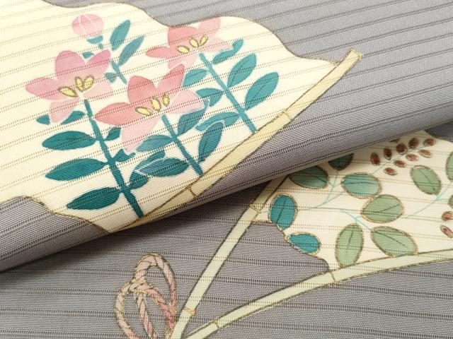 平和屋着物＊夏物　塩瀬　九寸名古屋帯　作家物　扇面吉祥文　金彩　正絹　逸品　CAAW5514fb 平和屋着物＊夏物 塩瀬 九寸名古屋帯 作家物 扇面吉祥文 金彩