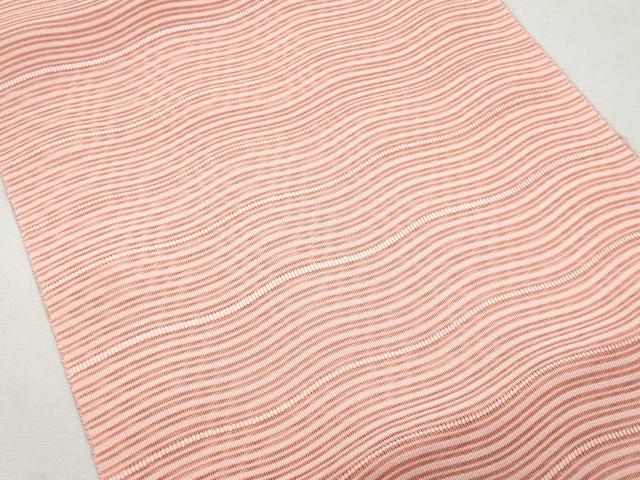 平和屋着物＊夏物　八寸名古屋帯　絽綴れ　よろけ縞　珊瑚色　正絹　逸品　CAAW5591fb 平和屋着物＊夏物 八寸名古屋帯 絽綴れ よろけ縞 珊瑚色 正絹