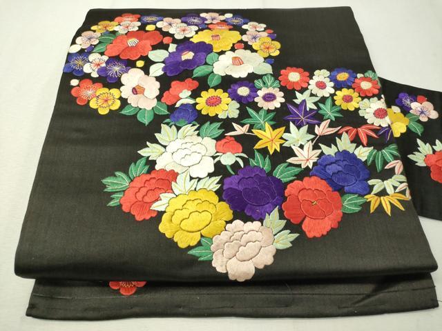 平和屋着物●アンティーク　大正ロマン　総刺繍　九寸名古屋帯　草花文　黒地　正絹　逸品　CAAW5849vp