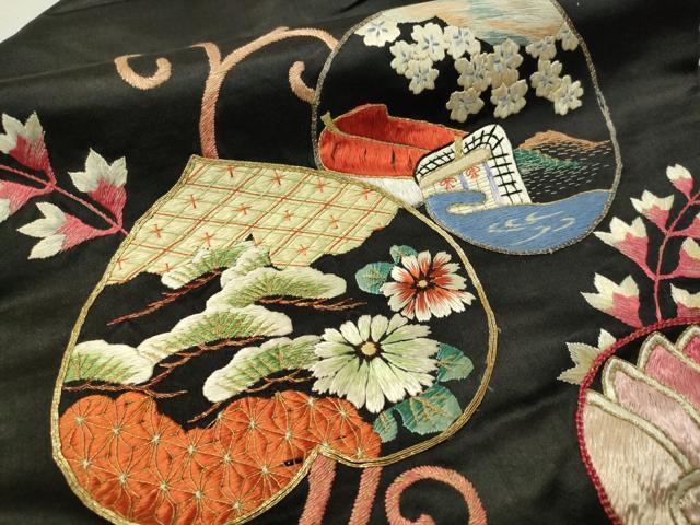 平和屋着物○アンティーク 大正ロマン 総刺繍 駒刺繍 九寸名古屋帯 御所車