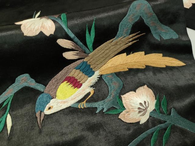 平和屋着物●アンティーク　大正ロマン　総刺繍　九寸名古屋帯　休み鳥　陵金　黒地　正絹　逸品　CAAW5863vp 平和屋着物○アンティーク 大正ロマン 総刺繍 九寸名古屋帯 休み鳥 陵