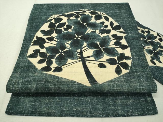 平和屋着物●九寸名古屋帯　手描き　紬地　型染め　枝花文　正絹　逸品　CAAW5864vp