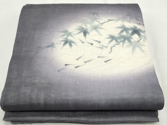 平和屋着物＊夏物　九寸名古屋帯　手描き　メダカ　枝楓文　麻　逸品　CAAW6578th