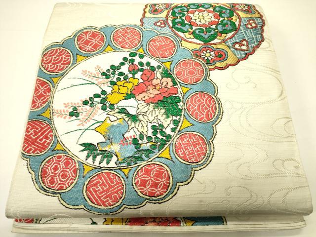 平和屋着物＊夏物 太鼓柄袋帯 流水草花文 金糸 引箔 正絹 逸品 未