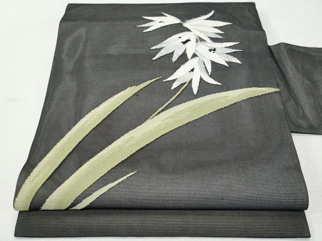 平和屋着物＊夏物　九寸名古屋帯　枝花文　黒地　銀糸　正絹　逸品　CAAW6916fb