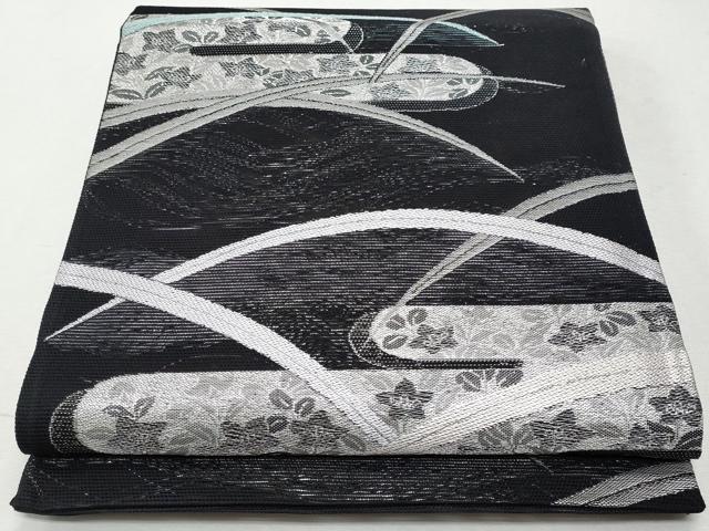 平和屋着物＊夏物　六通柄袋帯　エ霞芝草花文　黒地　銀糸　正絹　逸品　CAAW7021fb