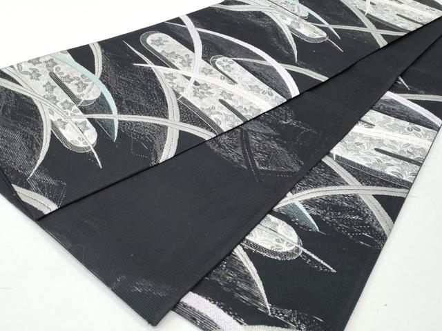 平和屋着物＊夏物　六通柄袋帯　エ霞芝草花文　黒地　銀糸　正絹　逸品　CAAW7021fb 平和屋着物＊夏物 六通柄袋帯 エ霞芝草花文 黒地 銀糸 正絹 逸品