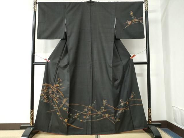 平和屋着物●訪問着　本場大島紬　総刺繍　鬘帯吉祥枝菊文　金糸　正絹　逸品　CAAW7205yc 平和屋着物○訪問着 本場大島紬 総刺繍 鬘帯吉祥枝菊文