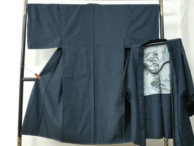 平和屋着物●男性　紬　アンサンブル　色無地　濃藍色　正絹　逸品　未使用　CAAW7217yc