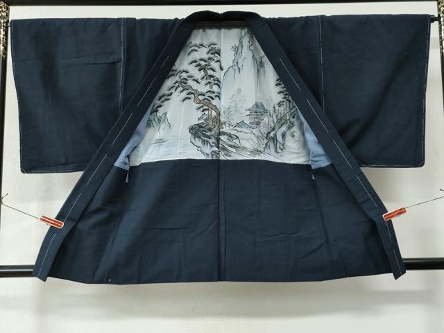 平和屋着物○男性 紬 アンサンブル 色無地 藍色 正絹 逸品 未使用