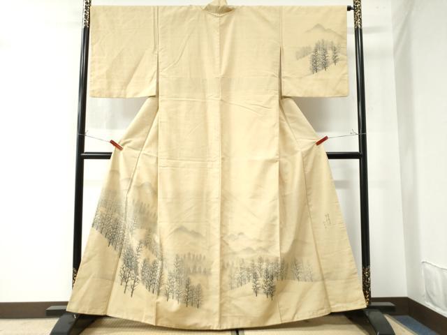 平和屋着物●訪問着　紬地　作家物　遠山樹林文　正絹　逸品　CAAW7305yc