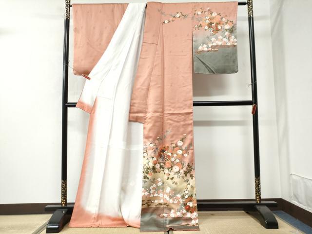 平和屋着物○訪問着 エ霞雪輪御所車草花文 暈し染め 金彩