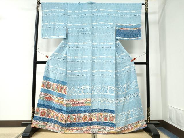 平和屋着物●訪問着　型染め　龍　人物立波吉祥文　正絹　逸品　CAAW7429yc