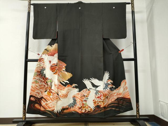 平和屋着物●アンティーク　大正ロマン　黒留袖　駒刺繍　飛鶴御所車浜松花文　金彩　正絹　逸品　CAAW7592yc