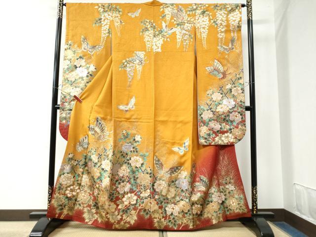 平和屋着物●豪華振袖　駒刺繍　竹垣牡丹花蝶文　暈し染め　金銀彩　正絹　逸品　CAAW7602yc