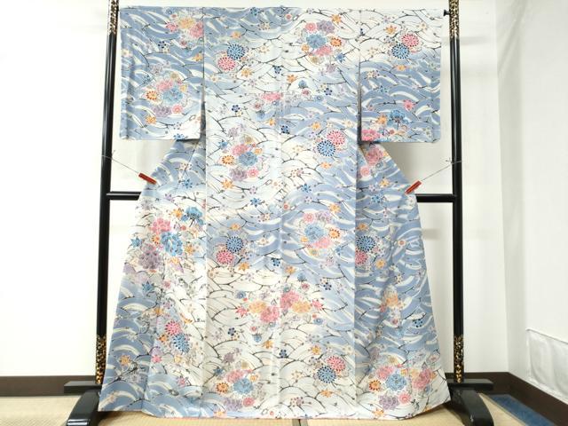 平和屋着物●訪問着　型染め　草花文　暈し染め　鬼しぼ縮緬　正絹　逸品　CAAW7611yc