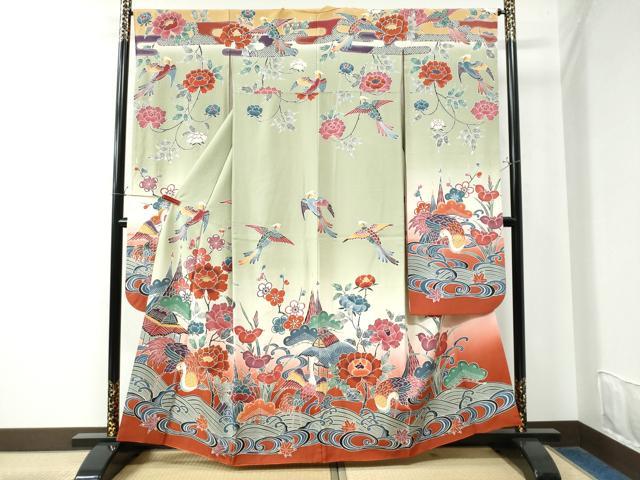 平和屋着物●豪華振袖　型染め　鳳凰浜松鶴風景文　暈し染め　正絹　逸品　CAAW8010yc