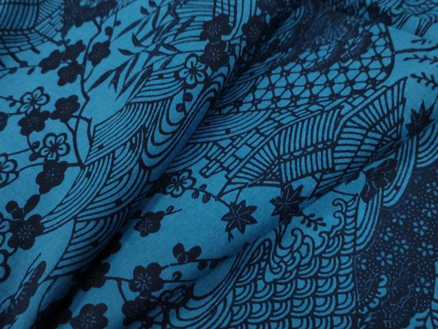 平和屋着物●上質な小紋　紬地　藍　型染め　遠山浜松風景文　正絹　逸品　未使用　CAAW8018yc