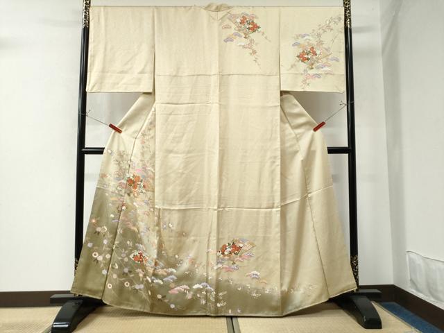 平和屋着物●訪問着　駒刺繍　扇面文箱草花文　暈し染め　金彩　正絹　逸品　CAAW8044yc
