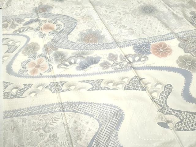 平和屋着物○訪問着 本場大島紬 白大島 作家物 雪輪花鳥松文 正絹